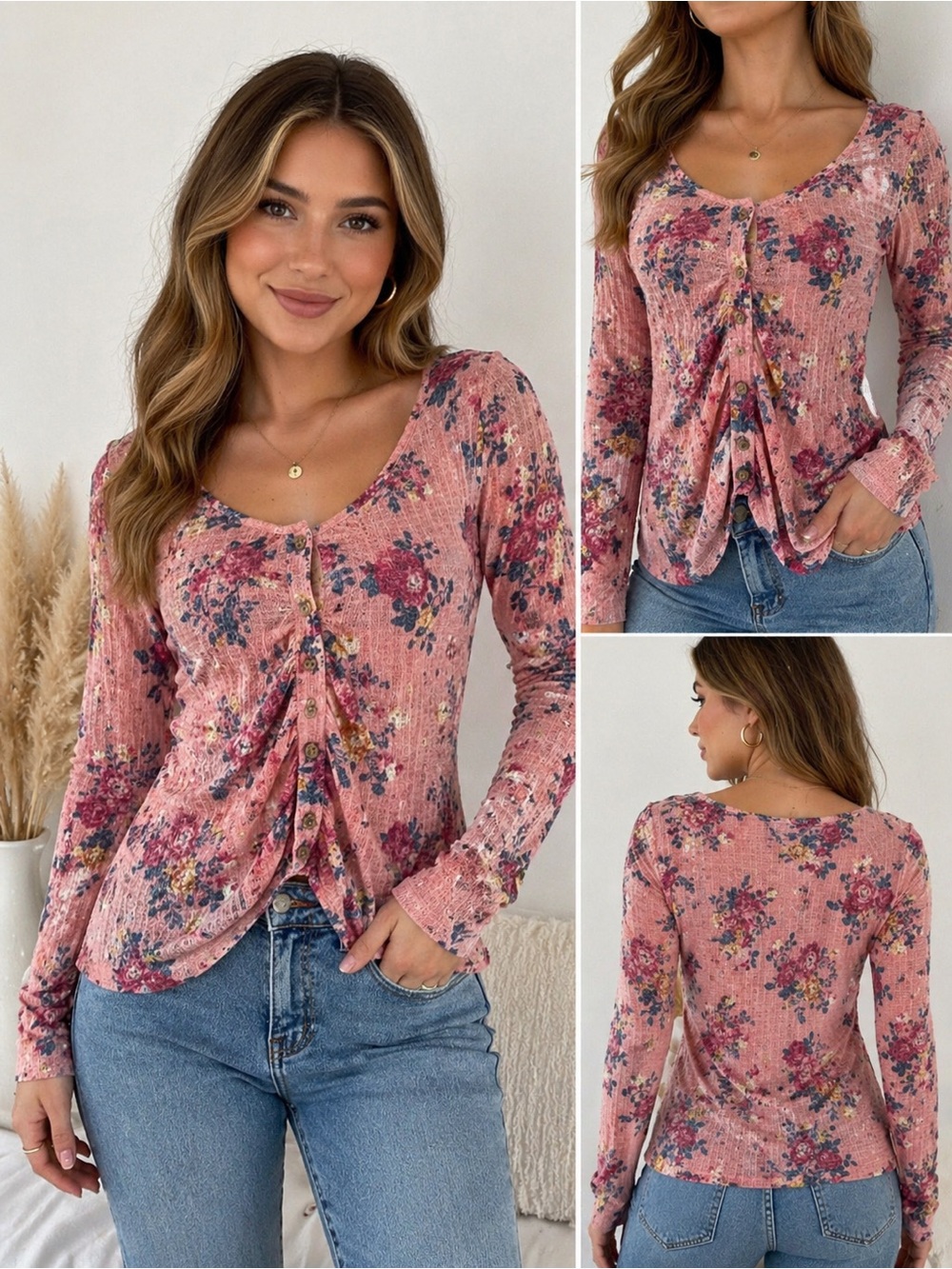 Crave Fame Pink Floral Ruched Long Sleeve Tee
